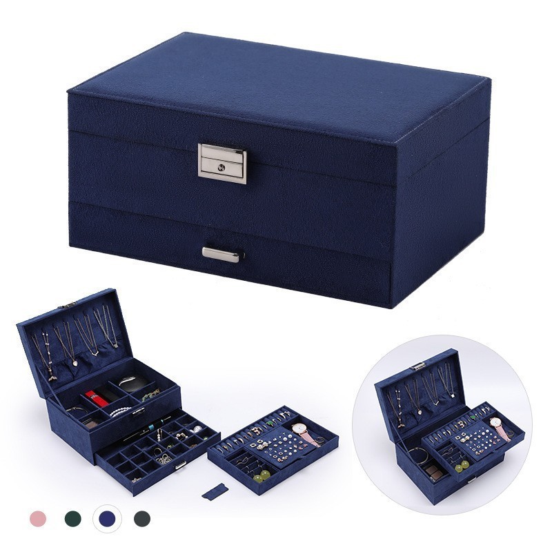 Suede Velvet Dark Green Three-Layer Jewelry Box Large Capacity Necklace Ring Jewelry Storage Box Drawer Style Jewelry Box