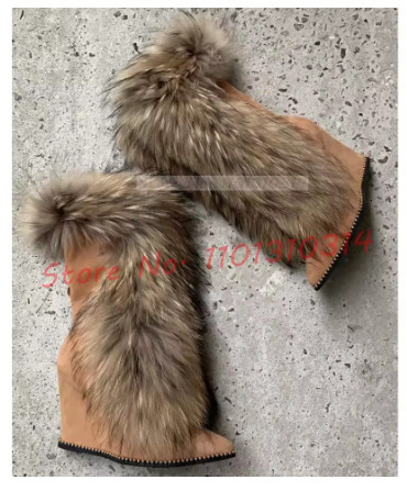 Fur Pointy Wedge Ankle Boots Ladies Newest Beige Rive Trim Lace-up Suede Heels Boots Women Luxury Stylish Big Size Furry Shoes