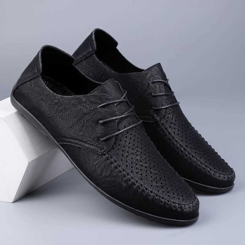Summer Hollow Out Leather Shoes Men Luxury Italian Men Casual Handmade Designer Breathable Boat Shoes Mens Shoes Y250707