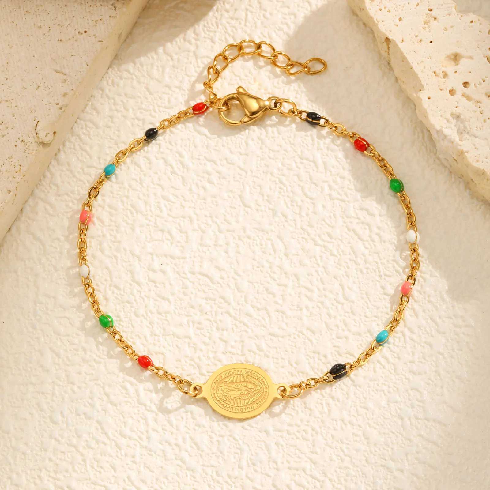 Bohemian Colored Bead Chains Virgin Bracelets for Women Gold Color Stainless Steel Bracelets Holy Christian Jewelry Gift XJ250707