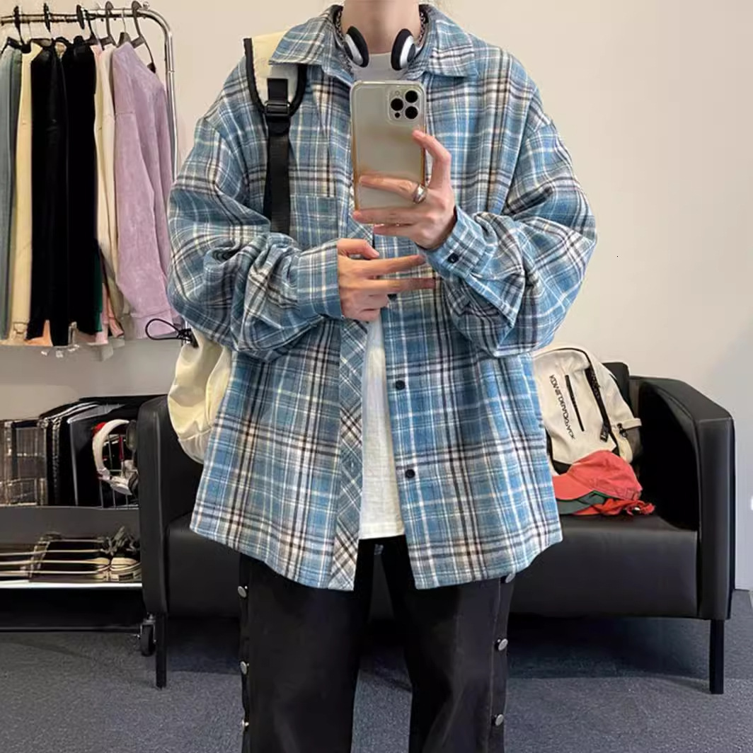 Long Sleeve Shirt Men's 2025 Spring New Korean Style Trendy Japanese Designer Short Sleeves Retro Plaid Plus Size Turn-down Collar Shirt Jacket