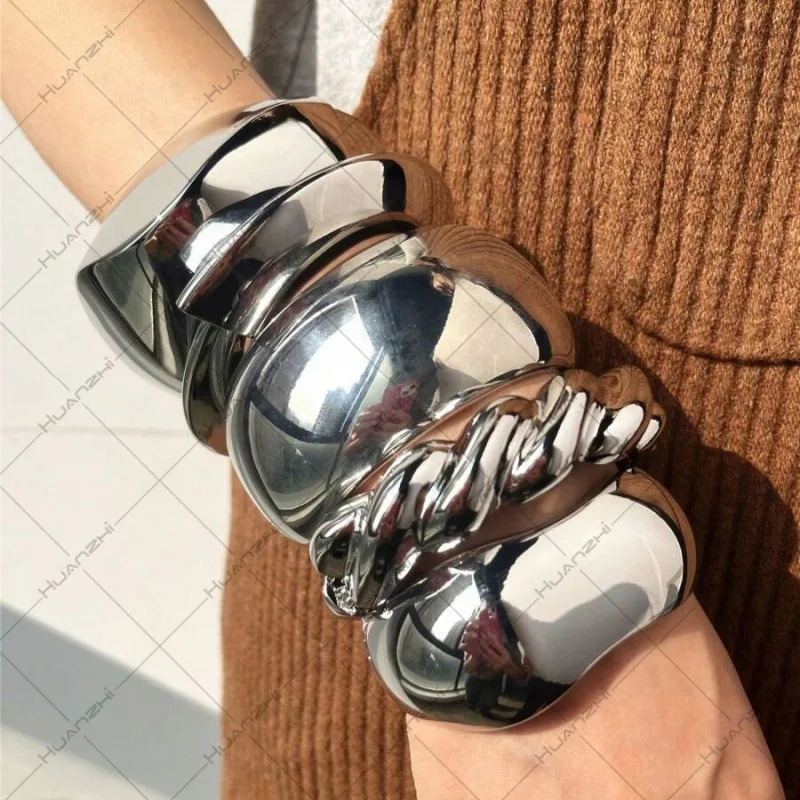 Exaggerated Silver Color Wide Geometric Irregular Cuff Bangle Punk Spring Open Bangle Bracelets Chunky Statement Jewelry 250701