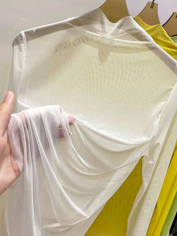 Transparent Gauze Bottoming T-shirt Women Clothing Summer Long Sleeved T-shirt with Gauze Shirt Half High Collar Sunscreen 250703