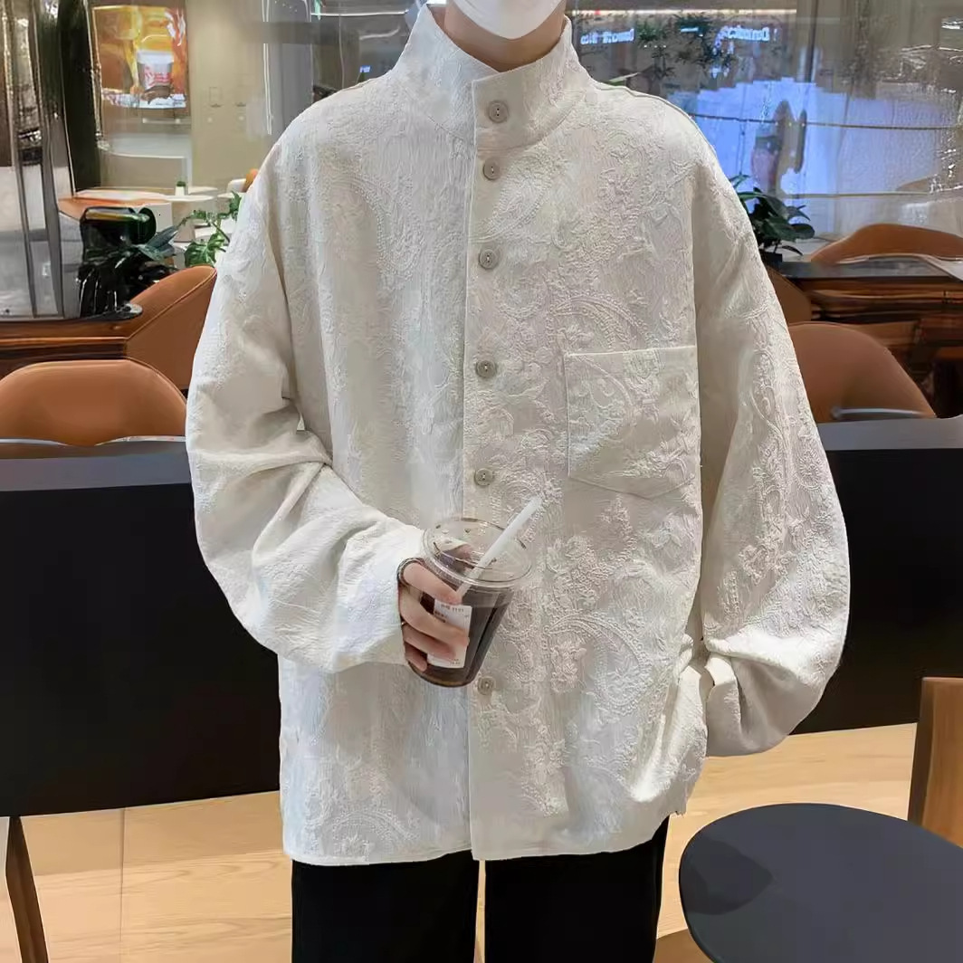 New Chinese Style Stand Collar Shirt For Men Designer Short Sleeves Spring Solid Color High-end Tang Suit Shirt National Trend Jacquard Versatile Jack