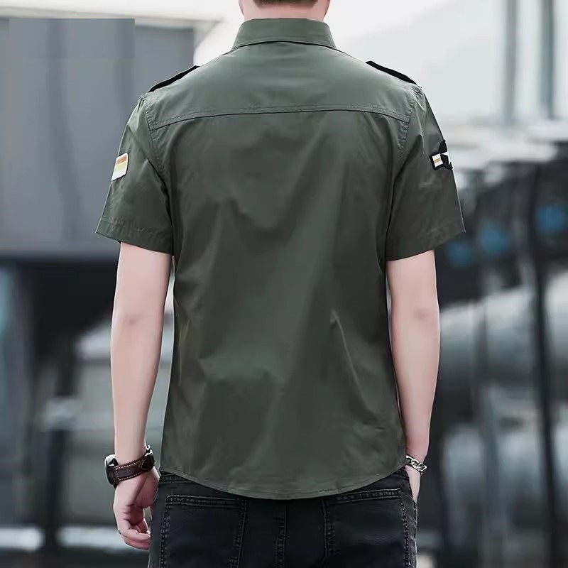 Trendy Brand All-cotton Work Shirt Short Sleeve Men Summer New Slim Designer Short Sleeves Fit Army Green With Pockets Military Style Casual Shirt
