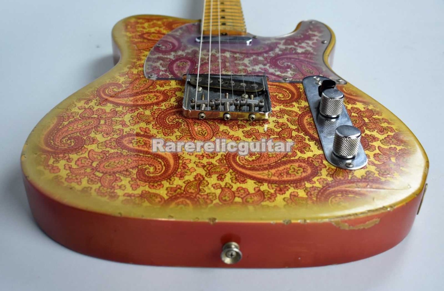 Custom Masterbuilt Dale Wilson 1969 Distressed Gold Burst Pink Paisley Electric Guitar, Maple Fingerboard Black Dot Inlay, Vintage Tuners