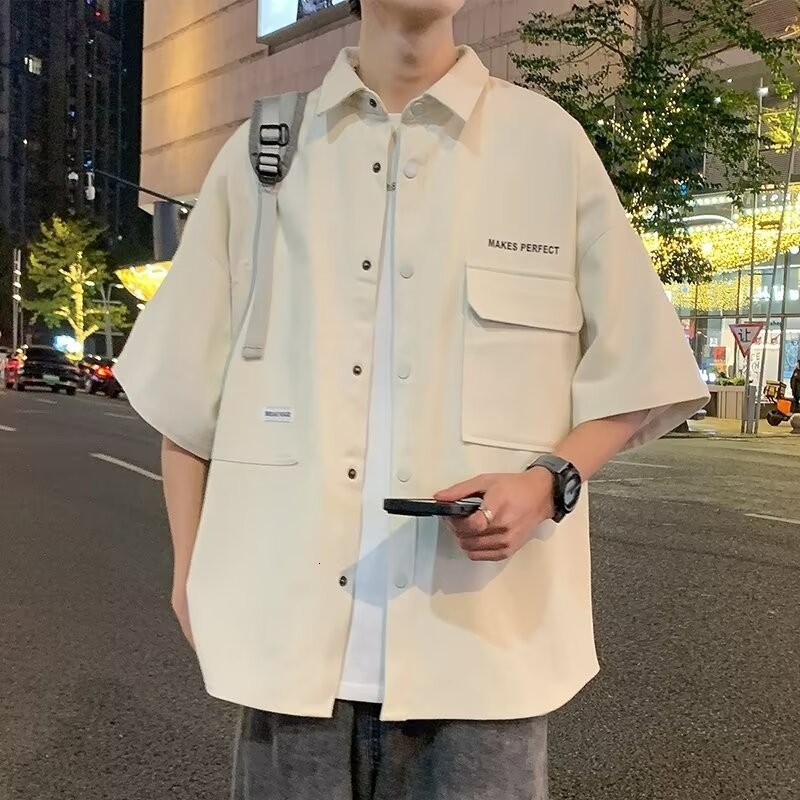 Japanese Style Fresh Men's Loose Button Design Five-sleeve Shirt Designer Short Sleeves Youth Summer Trendy Brand New Short Sleeve Shirt Trend