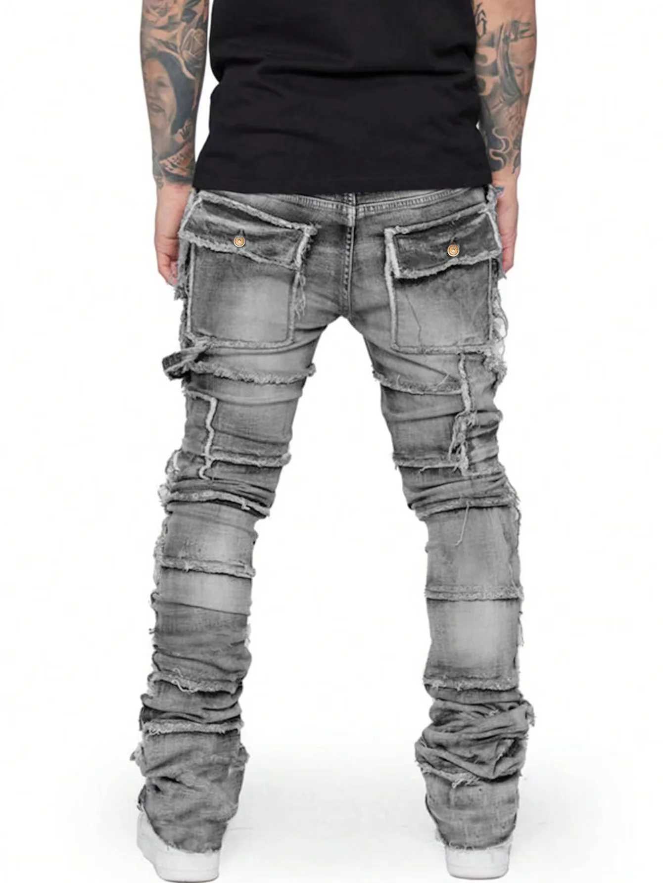 Mens New Wave Stacked Jeans Worn-Out Slim Fit Straight Leg Jeans Fashionable Hip-Hop Denim Pants Casual Streetwear XJ250707
