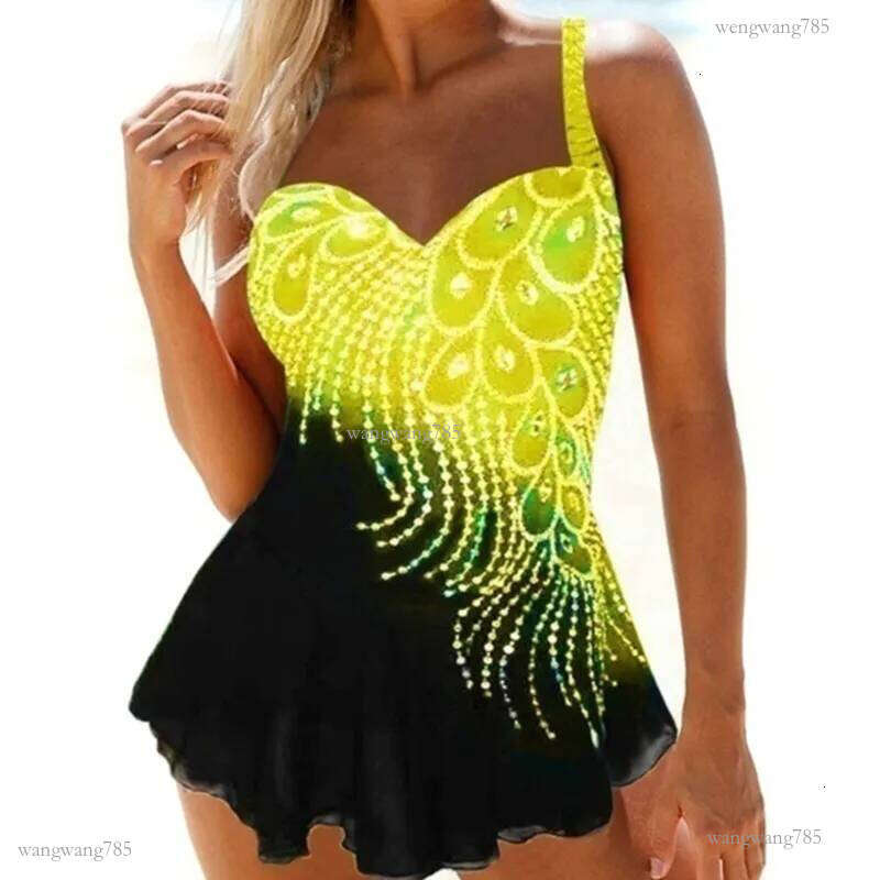 Women's Swimwear Womens Feather Print Tankini Swimwear With Brief Swim Two Piece Swimsuit High Waist Bathing Suit Plus Size Bikini Set Low Waist 
