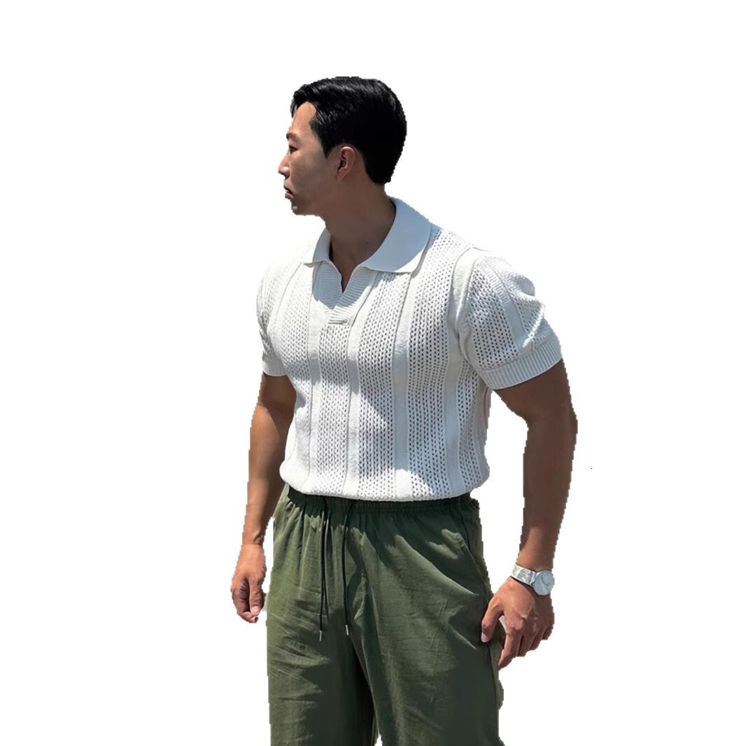 White Hollow Knit Polo Shirt Designer Short Sleeves For Men Summer Trendy Business Commuting Breathable Versatile Loose Half Sleeve T-shirt Top