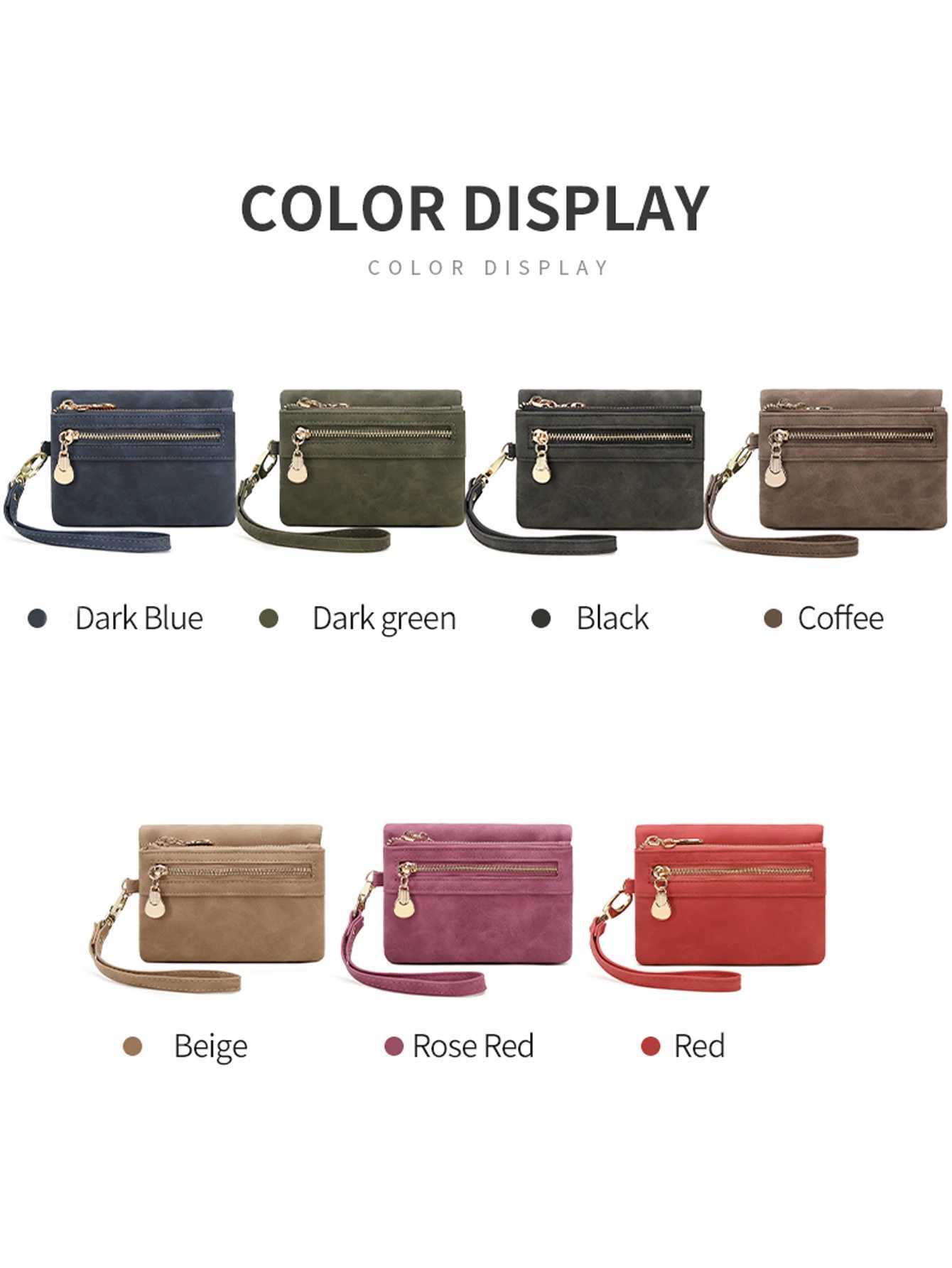 double fold PU leather short wallet with zipper coin pocket mtiple card slots and wrist band casual portable card clip Y250707