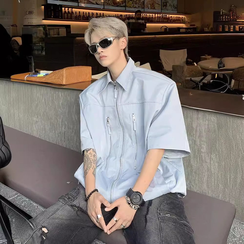Sky Blue Fishbone Invisible Shoulder Pad Short Sleeve Shirt Design Sense High-end Cleanfit Street Style Half Designer Short Sleeves Sleeve Shirt For M