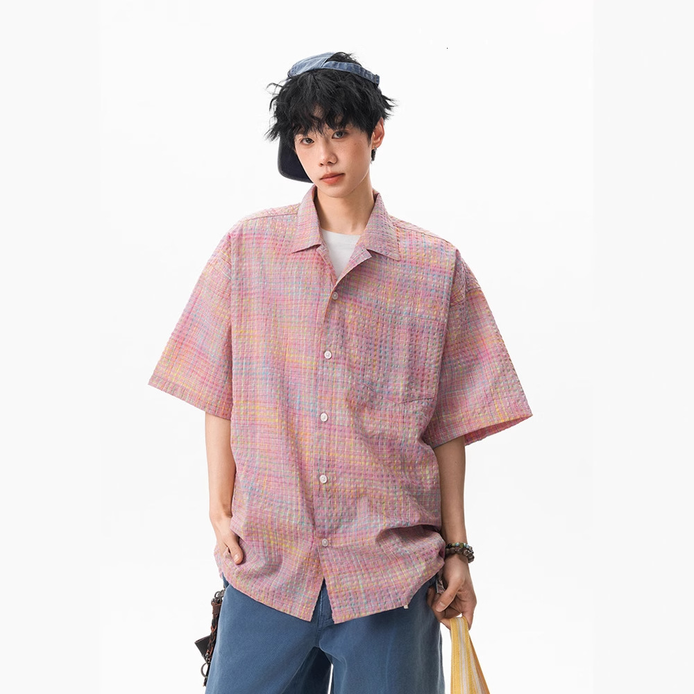 American Style Plaid Bubble Designer Short Sleeves Gauze Short Sleeve T-shirt For Men And Women, Summer Thin Design Sense Half Sleeve Loose Quick-dry 