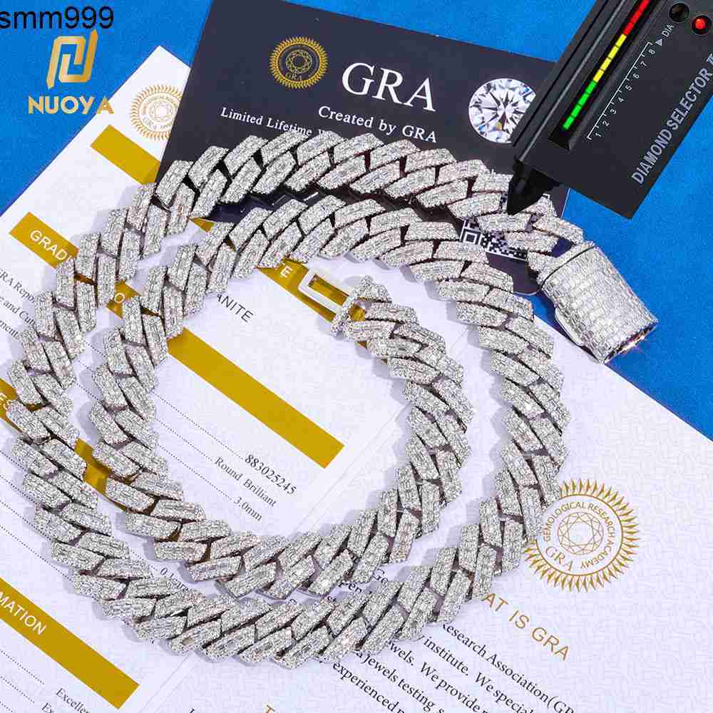NUOYA 14mm Cuban Link Chain Shiny Mixed Inlay Baguette VVS Moissanite 925 Silver Iced Out Hip Hop Necklace