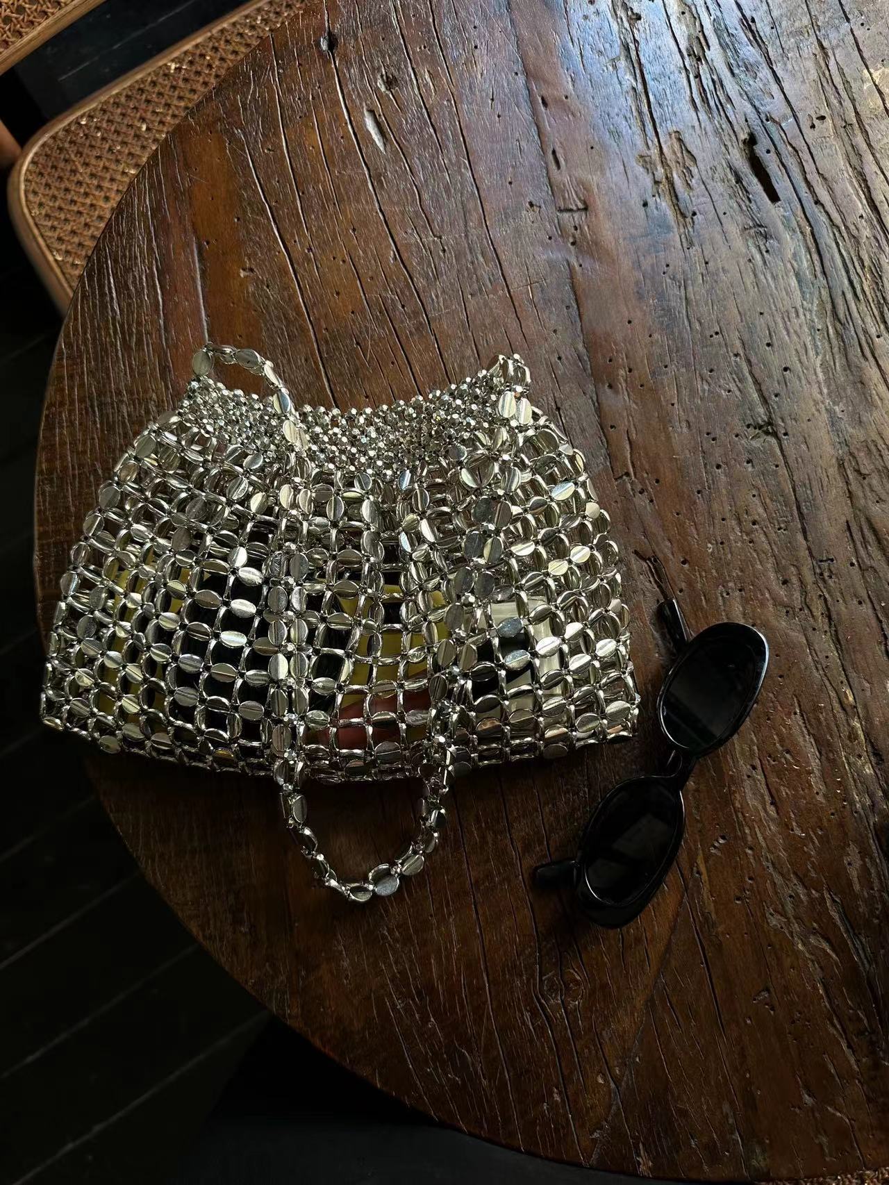 New retro metal silver handbag designer bag hollow hand woven bead trend single shoulder armpit bag women s single trend shoulder bag