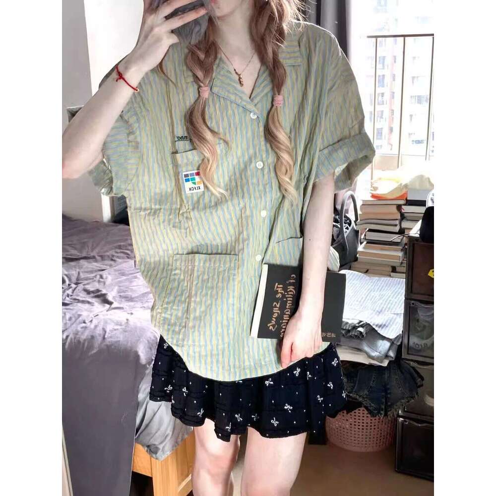 Striped Short Sleeve For Women Summer Loose Casual High-End College Style Shirt Jacket Ins B5