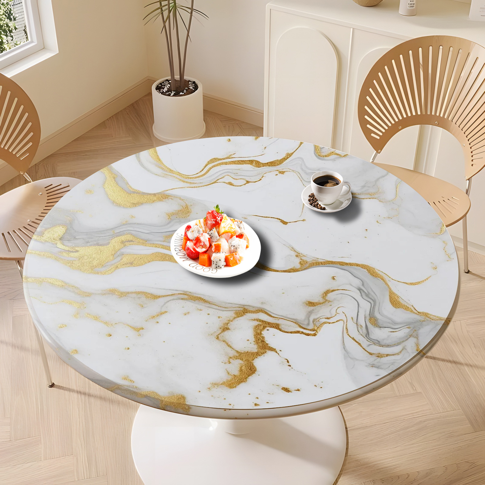 Marble pattern round all-inclusive table cover tablecloth printed dining table round tablecloth dustproof and waterproof elastic dining P5MM01