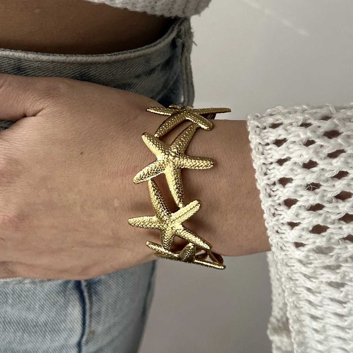 Exaggerated Metal Shell Starfish Flower Bangles Bracelets For Women Men Stainless Steel Fish Bow Heart Open Cuff Bangle Jewelry XJ250707
