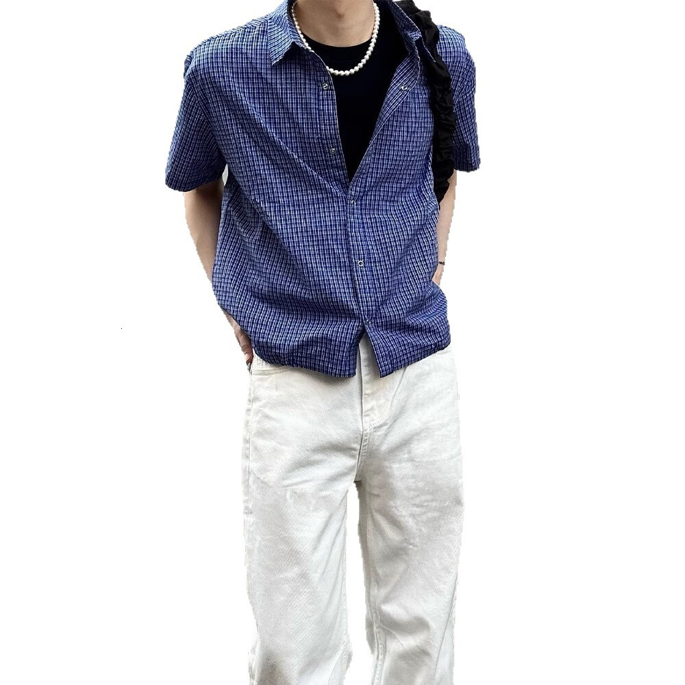 Designer short sleeves Royal Blue Plaid Short Sleeve Shirt for Men Summer High-End Drawstring Plaid Shirt Old Money Style Half Sleeve Jacket