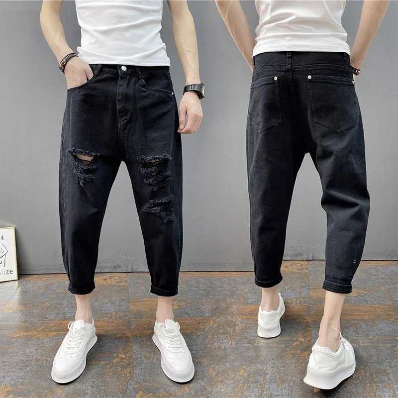 Korean Ankle-Length Distressed Jeans Men White Breathable Slim Fit Ripped Denim Pants Four Season Narrow Leg Harem Mens Trousers XJ250707