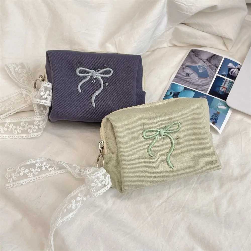 Portable Bow Coin Purse with Lace Ribb Korean Style Cute Zero Wallet Soft Zipper Pouch Sanitary Napkin Storage Bag Earphe Y250707