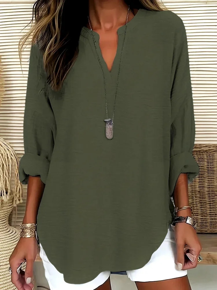 Plus Size Casual Tops Womens Loose Long Sleeve Stand Collar T-shirts Polyester Fashion Female Apparel V-neck Clothing 250703