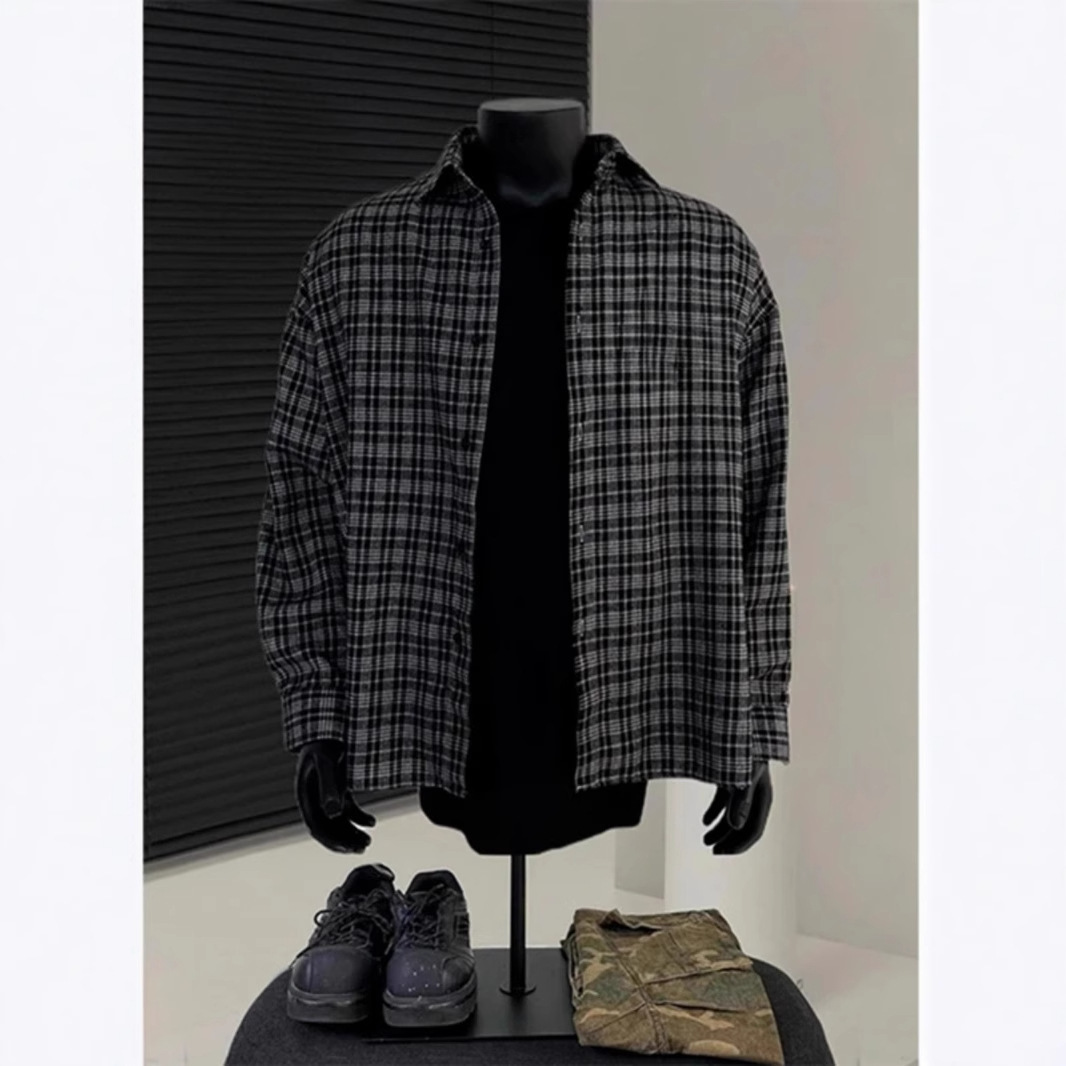 American Retro Vintage Plaid Shirt For Men Spring Cool Japanese Style Long Sleeve Shirt Designer Short Sleeves Inner Layer Jacket