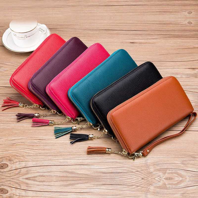 Genuine Leather Wen Solid LG Wallets Ladies Tassel Design Cluh Fem Phe Mey Bag Coin Zipper Purse RFID Card Holder Y250707