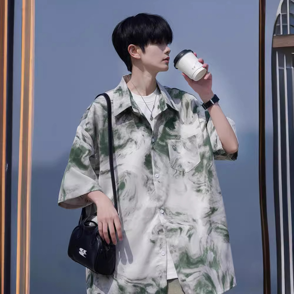 Tie-dye Short Sleeve Shirt Men Summer Designer Short Sleeves Ice Silk Seaside Floral Shirt Plus Size Loose Trendy Brand Jacket Beach Three-quarter Sle