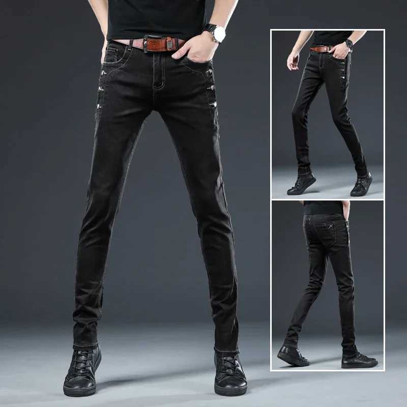 2024 New Mens Cotton Classic Youth Slim Jeans Motorcycle Trendy Multi-button Stretch Straight Skinny Denim Trousers Male XJ250707