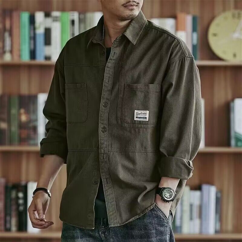 Washed Workwear Shirt Men Long Sleeve Autumn Japanese Style Cool Hong Kong Trendy Designer Short Sleeves Brand Casual Jacket Men Spring Autumn Style
