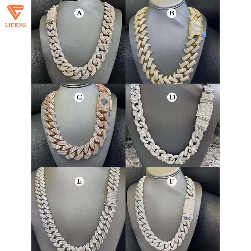 Lifeng S925 Cuban Link Necklace for Men 15-20mm Box Chain with VVS Moissanite Ice Diamond Rappper Gift Jewelry