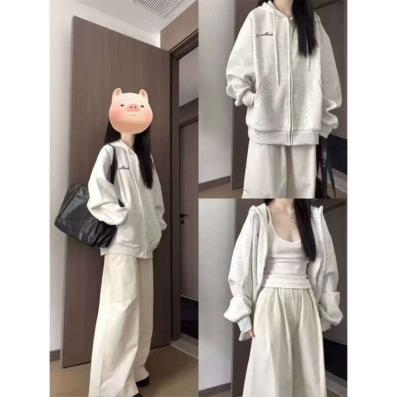 Gray American Style Sweatshirt Women Spring New Loose Casual Cardigan Hooded Jacket For Petite Trendy Brand B5