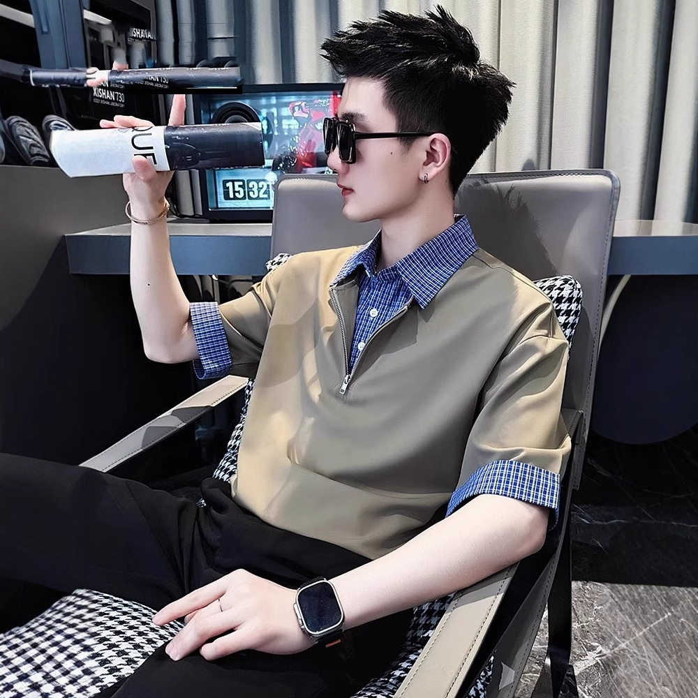 High-end Fake Designer Short Sleeves Two-piece Polo Shirt Men's Short-sleeved T-shirt 2025 New Summer Ice Silk Three-quarter Sleeve V-neck Shirt 