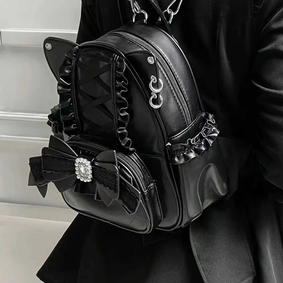 Korean Fi Y2k Punk Backpack Lace Bow Ear Lotus Lace Decorati Lolita Backbag PU Leather Large Capacity Wen Backpack Y250707
