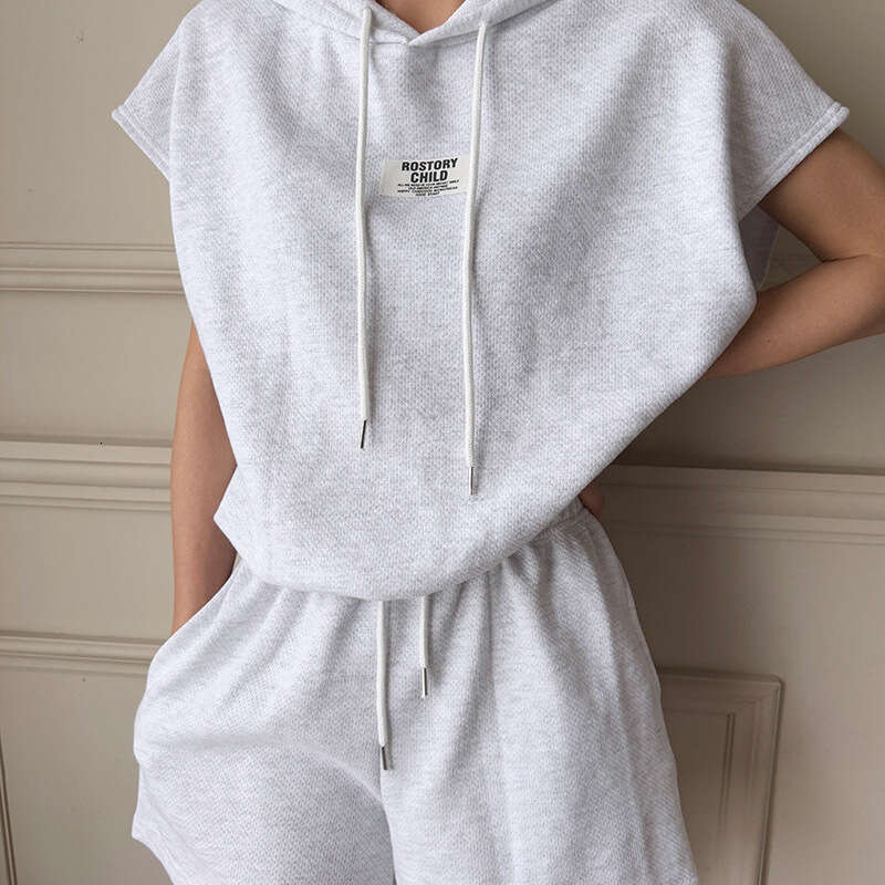 Light Gray Drawstring Hooded Sweatshirt Women Summer Loose High Waist Casual Shorts Set B5