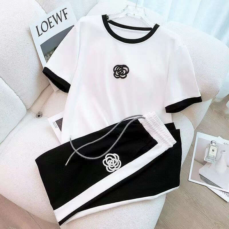 High-End Casual Sports Suit For Women, Summer Thin Street Fashionable Trendy Youthful Wide-Leg Pants Fashion Two-Piece Set B5
