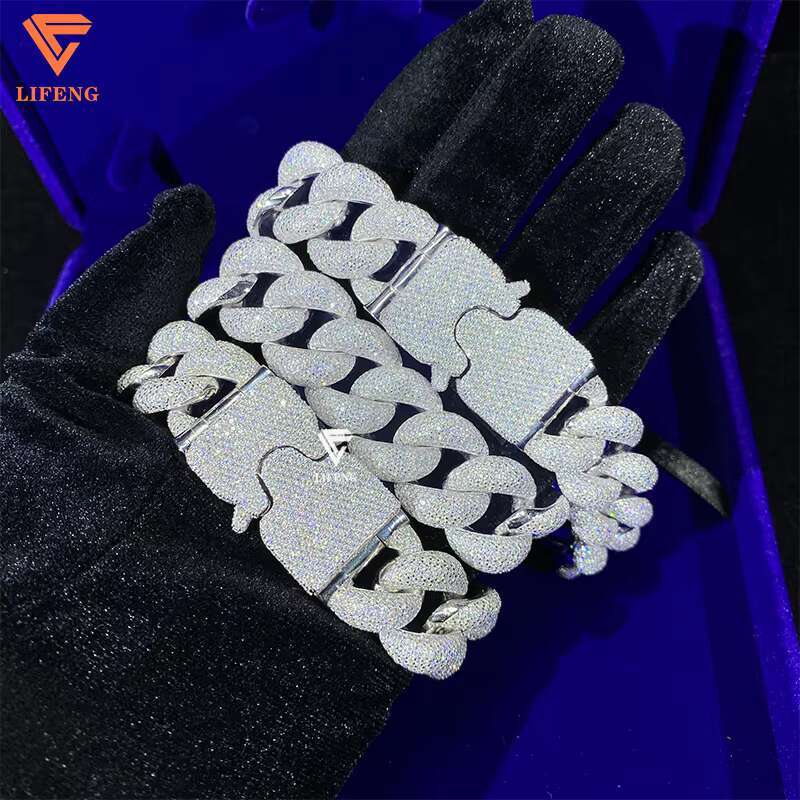 Hiphop Moissanite Chain Ice 20mm 8rows Bubble Cuban Link Chain 925 Silver Cuban Necklace Set Bracelet Rapper Fine Jewelry