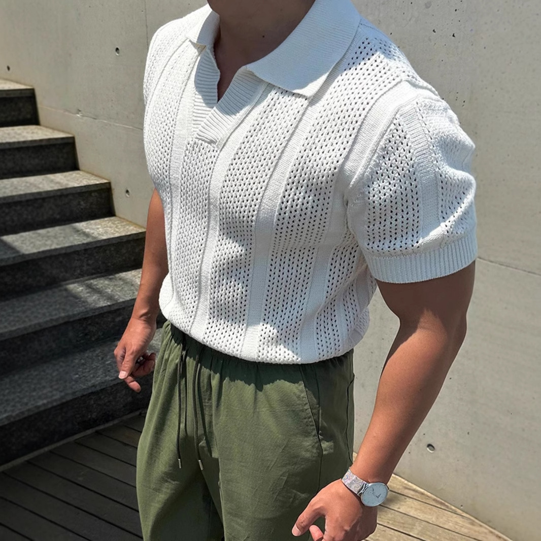 White Hollow Knit Polo Shirt Designer Short Sleeves For Men Summer Trendy Business Commuting Breathable Versatile Loose Half Sleeve T-shirt Top
