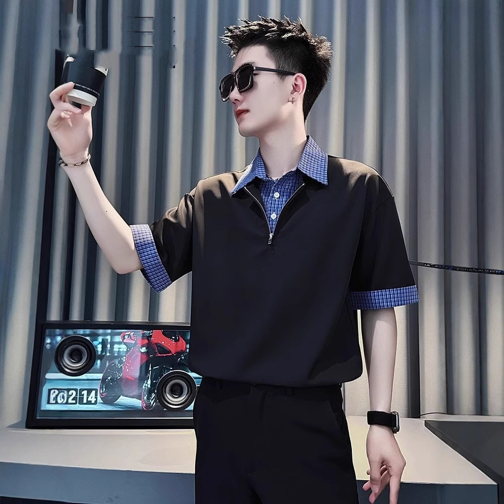 High-end Fake Designer Short Sleeves Two-piece Polo Shirt Men's Short-sleeved T-shirt 2025 New Summer Ice Silk Three-quarter Sleeve V-neck Shirt 