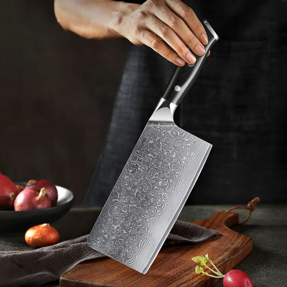 F.YOUNG 7 Chinese Cleaver Knife Japanese Damascus Steel Knife Chef Kitchen Vegetable Meat Slicing Utility Cooking Accessories 250703