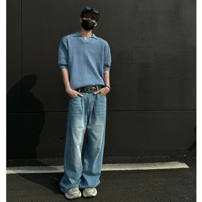 Knitted Short Sleeve Designer Short Sleeves Men's Summer American High Street Polo Shirt Turn-down Collar Half Sleeve Top High-end Cool Pullover 
