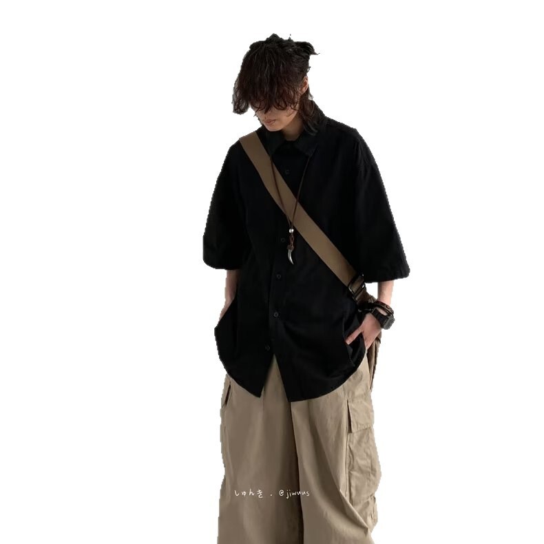 2025 Summer Japanese Designer Short Sleeves Retro Workwear Short Sleeve Shirt Men OOTD Outfit Youth Loose Casual Stylish Shirt