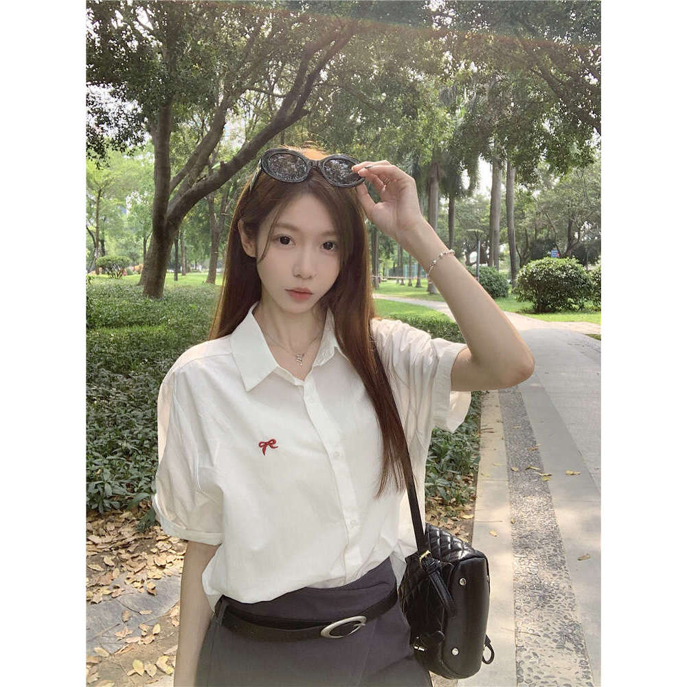 Summer Korean Style Design Sense Bowknot Embroidered Short Sleeve Shirt For Women Niche Casual Loose Sun Protection Top Trend B5