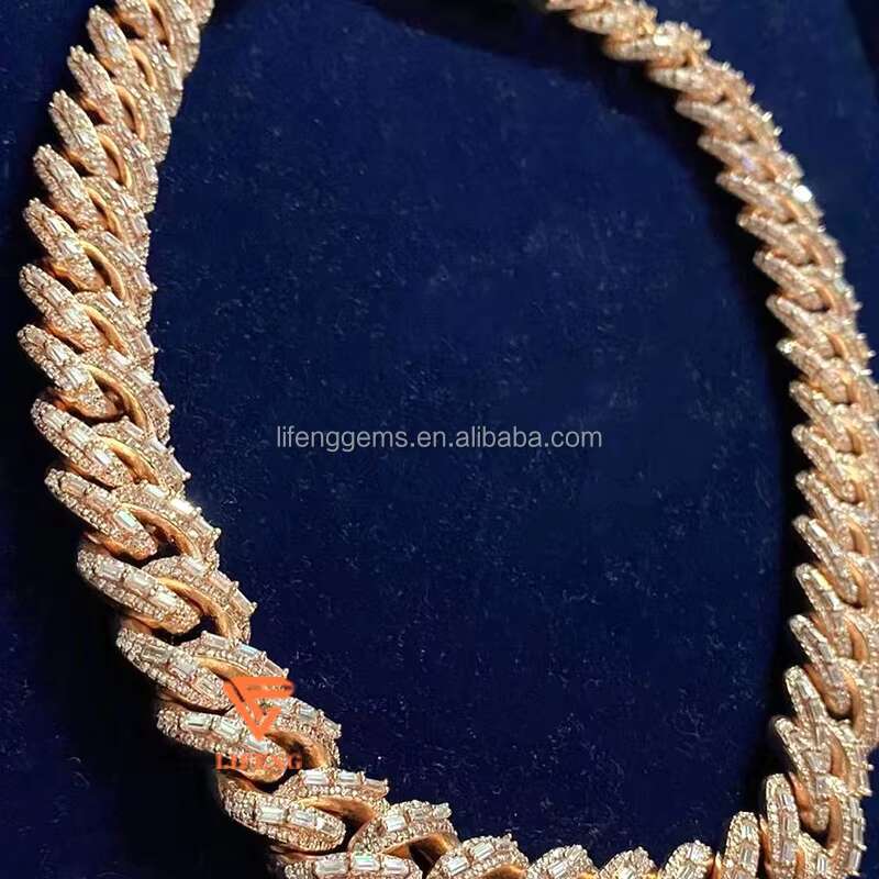 Rose Gold Moissnaite Chain Iced Hiphop 925 Sterling Silver VVS Moissanite Necklace Cuban Link Chain