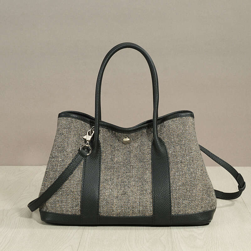 Leather Bag Bucket Bag New Style Linen Cotton Fabric With Top Layer Cowhide Garden Genuine Leather Handbag Fashion Large Capacity Tote Bag For Women T