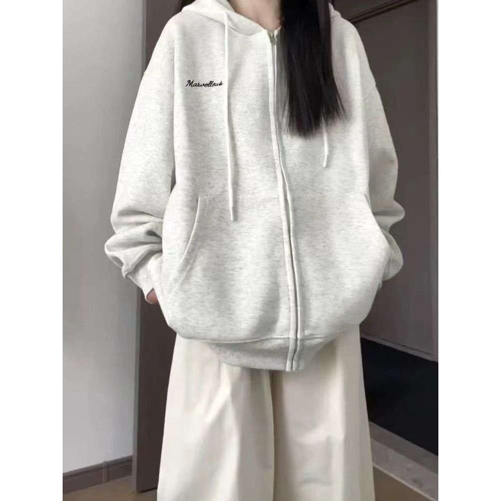 Gray American Style Sweatshirt Women Spring New Loose Casual Cardigan Hooded Jacket For Petite Trendy Brand B5