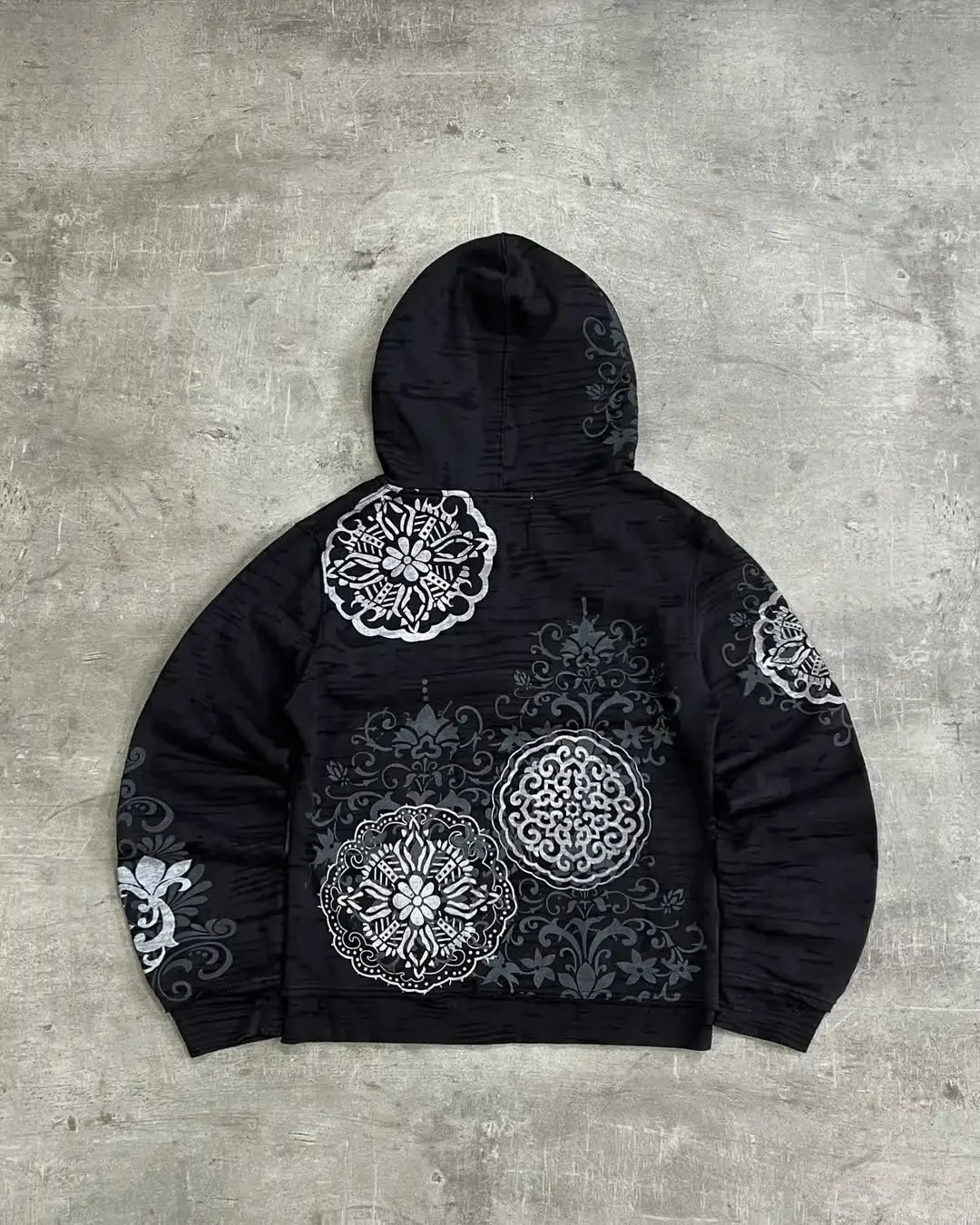 American Y2K Harajuku Gothic Classical Pattern Print Black Hoodie Mens Summer Fashion Street Hip Hop Rap Couple Outfit 250707