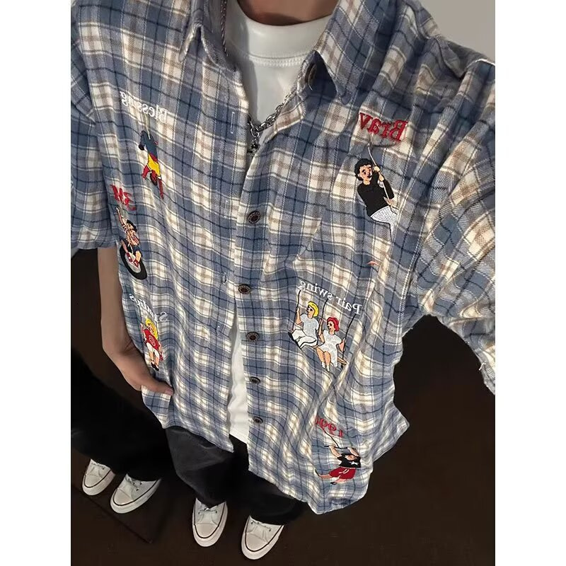 Designer Short Sleeves American Retro Plaid Short Sleeve Shirt For Men, Summer Thin Loose Cartoon Embroidery Shirt With Design Sense, Couple Half Slee