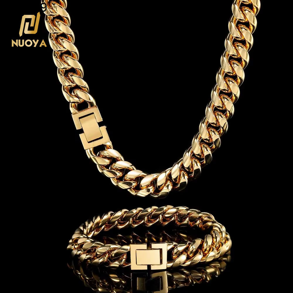 NUOYA 10mm Hip Hop Style Cuban Link Necklace 18k Gold Plated Mens Chain Stainless Steel Jewelry for Gifts